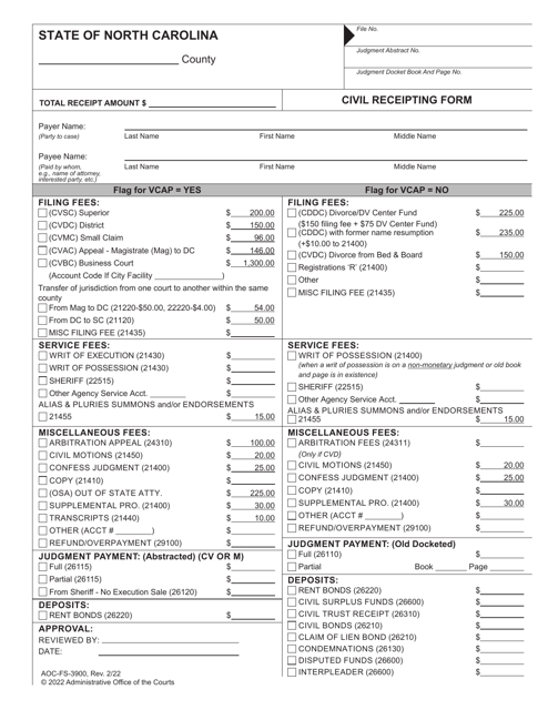 Form AOC-FS-3900 Civil Receipting Form - North Carolina