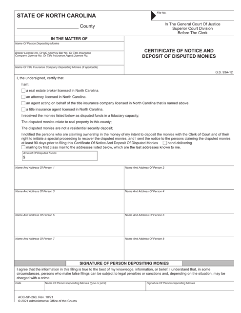 Form AOC-SP-260 Certificate of Notice and Deposit of Disputed Monies - North Carolina