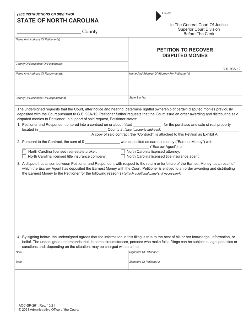 Form AOC-SP-261 Petition to Recover Disputed Monies - North Carolina, Page 1