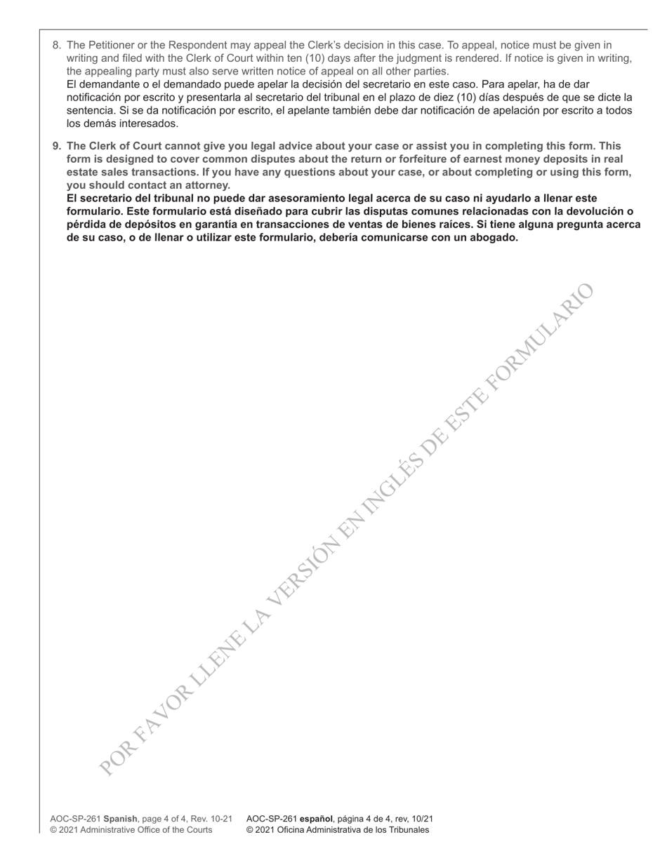 Form AOC-SP-261 Petition to Recover Disputed Monies - North Carolina (English / Spanish), Page 4
