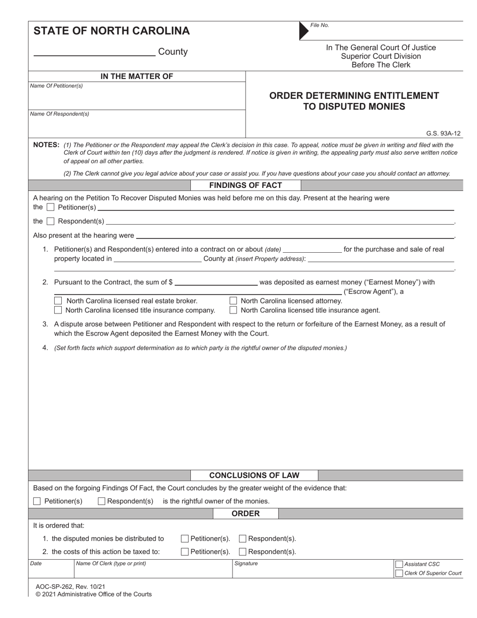 Form AOC-SP-262 Order Determining Entitlement to Disputed Monies - North Carolina, Page 1