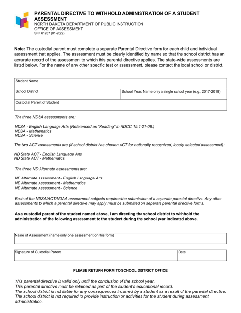Form SFN61287 Parental Directive to Withhold Administration of a Student Assessment - North Dakota
