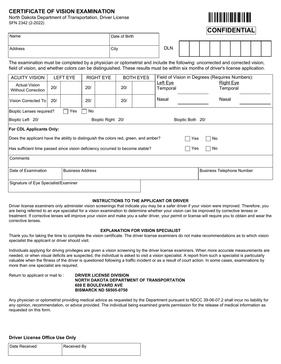 Form SFN2342 Certificate of Vision Examination - North Dakota, Page 1