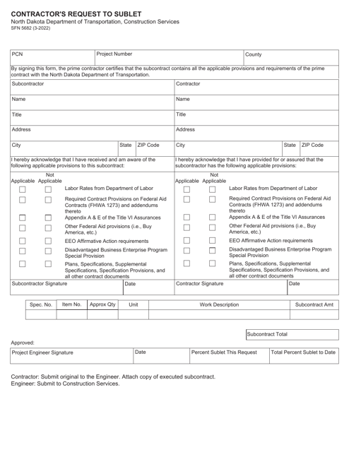 Form SFN5682 Contractor's Request to Sublet - North Dakota