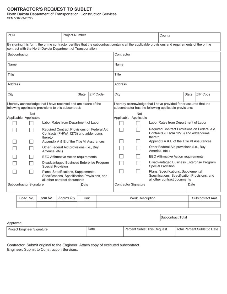 Form Sfn Download Fillable Pdf Or Fill Online Contractor S Request To Sublet North Dakota