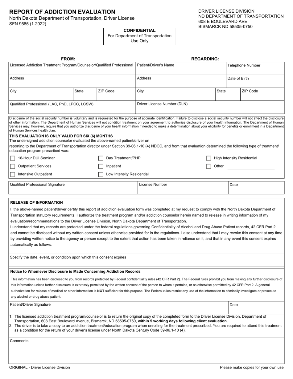 Form SFN9585 Report of Addiction Evaluation - North Dakota, Page 1