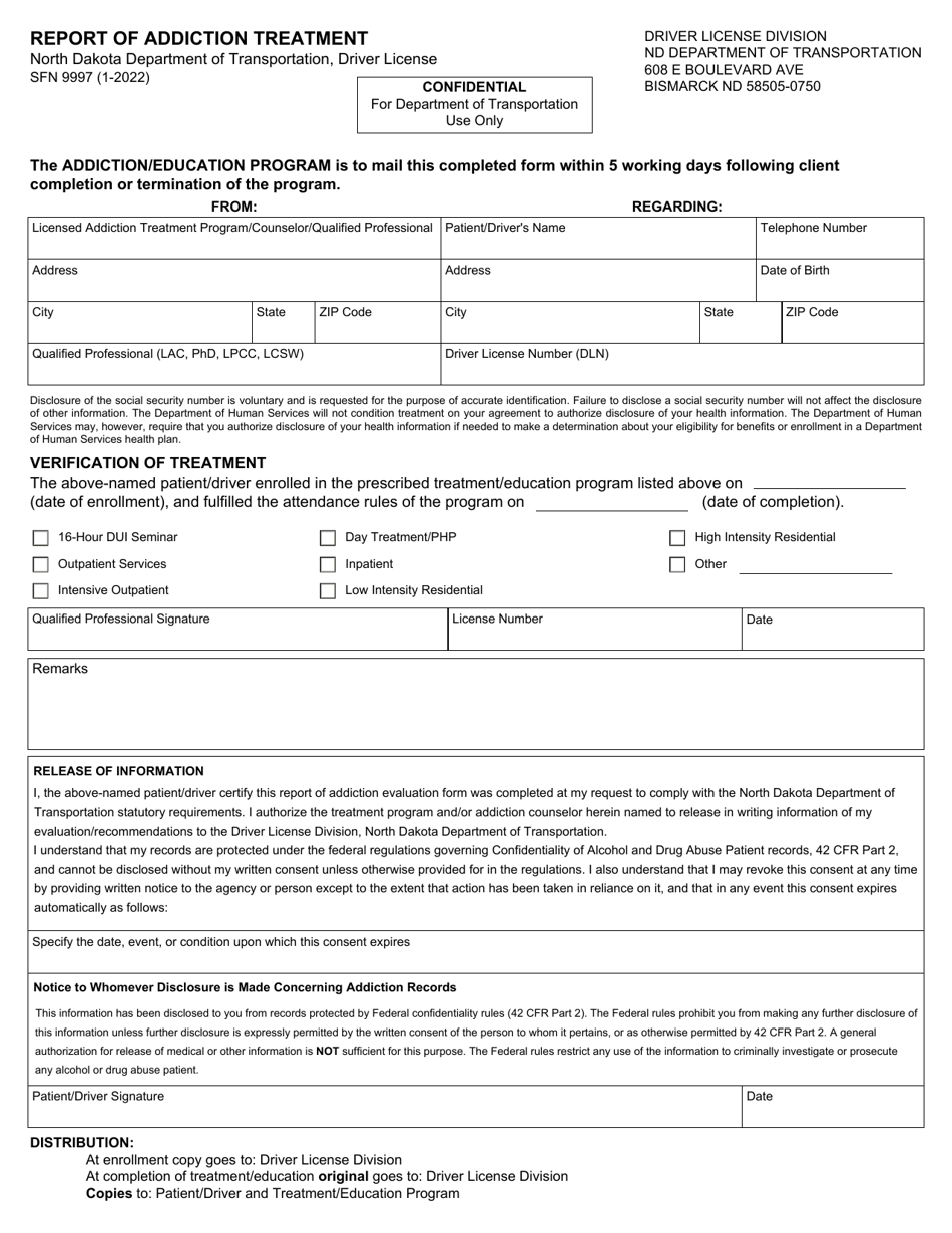 Form SFN9997 Report of Addiction Treatment - North Dakota, Page 1
