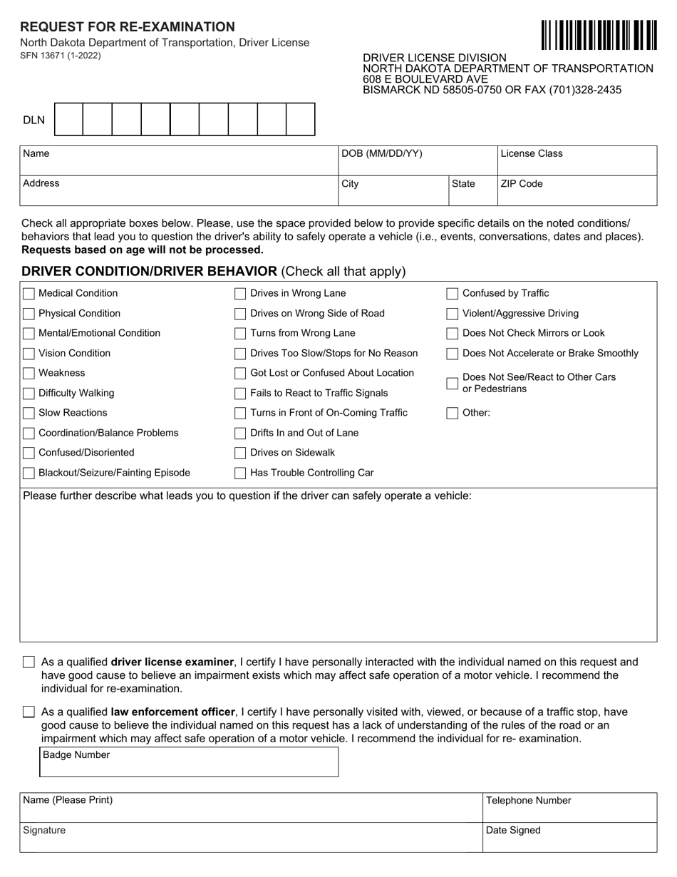 Form SFN13671 Request for Re-examination - North Dakota, Page 1