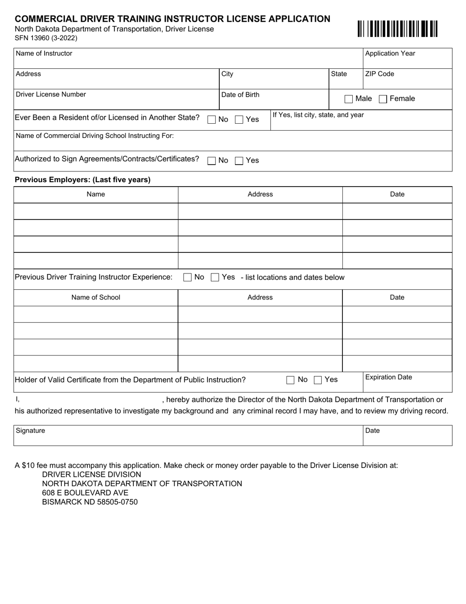 Form SFN13960 Commercial Driver Training Instructor License Application - North Dakota, Page 1
