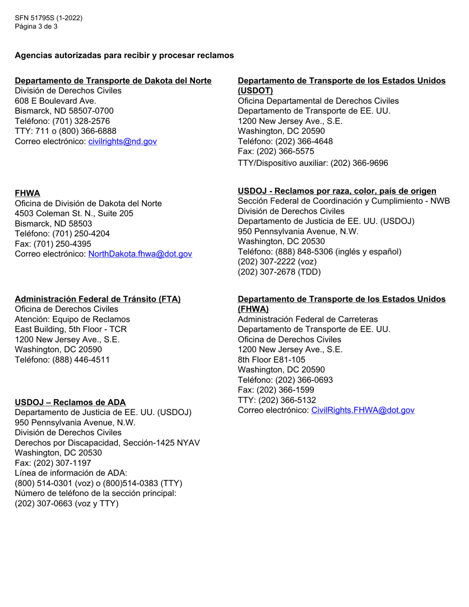 Formulario SFN51795S Reclamos De Discriminacion Externos - North Dakota (Spanish), Page 3