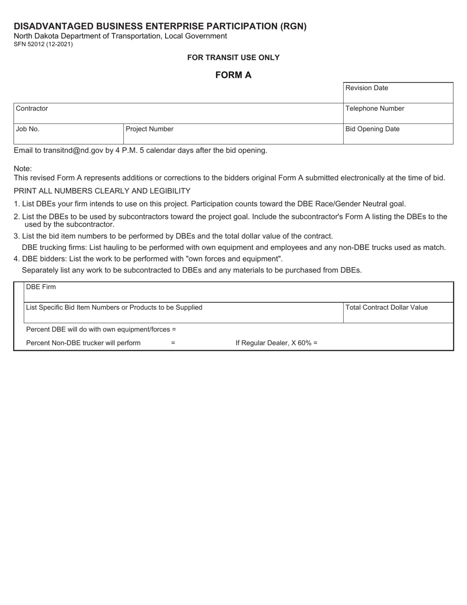 Form A (SFN52012) Disadvantaged Business Enterprise Participation (Rgn) - North Dakota, Page 1