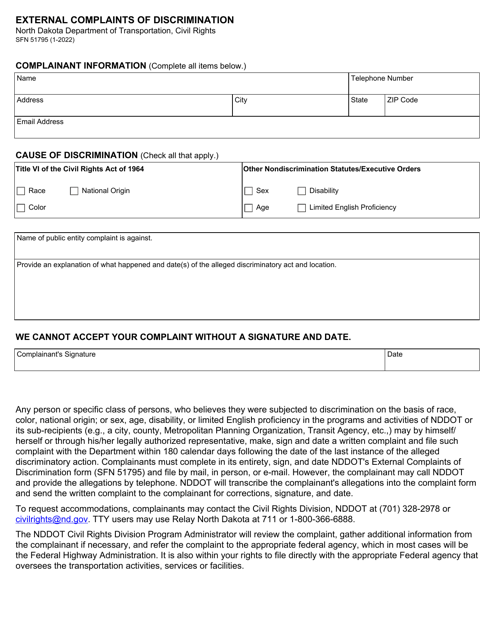 Form SFN51795 External Complaints of Discrimination - North Dakota