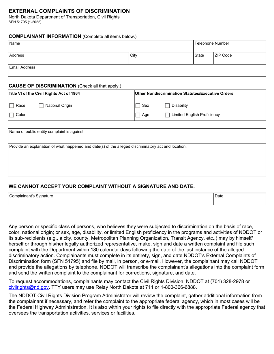 Form SFN51795 Fill Out, Sign Online and Download Fillable PDF, North