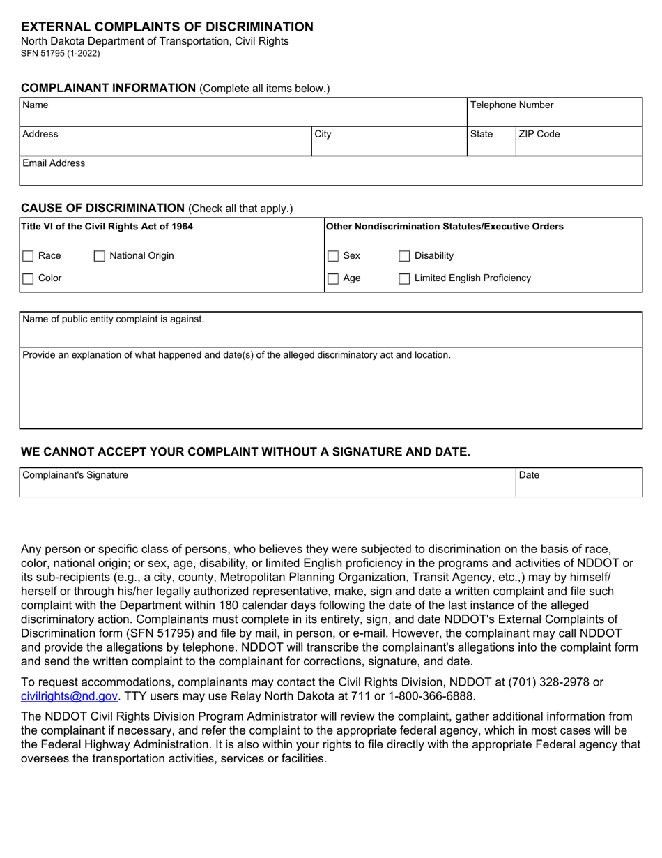 Form SFN51795 External Complaints of Discrimination - North Dakota, Page 1