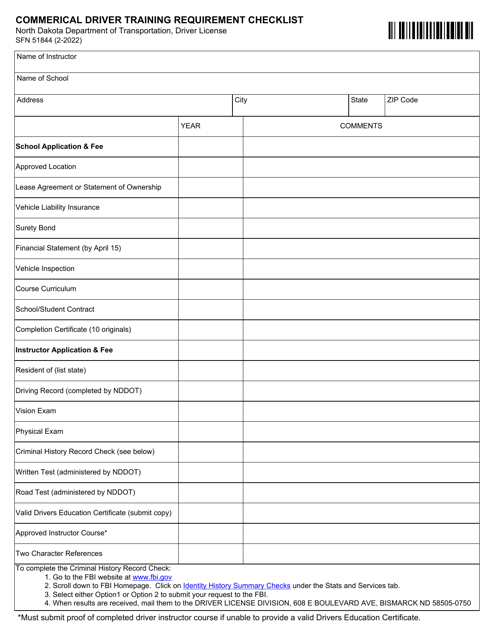 Form SFN51844 Commerical Driver Training Requirement Checklist - North Dakota