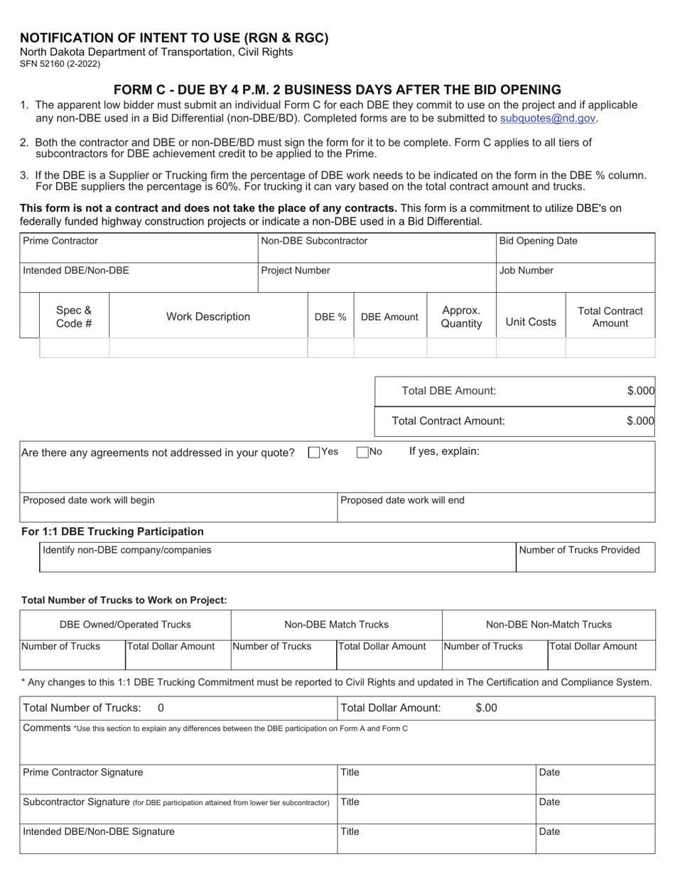 Form C (SFN52160) Notification of Intent to Use (Rgn  Rgc) - North Dakota, Page 1
