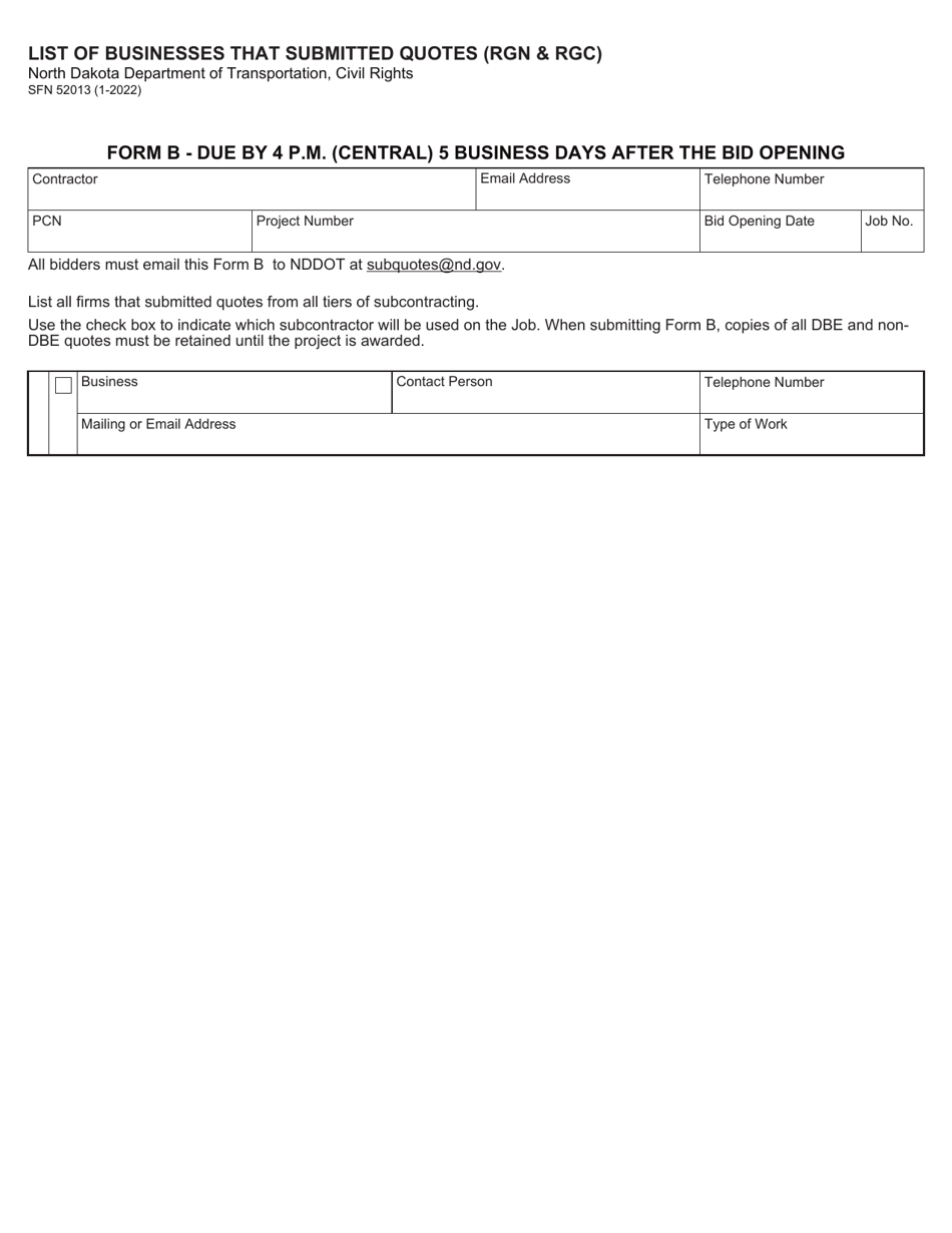 Form B (SFN52013) List of Businesses That Submitted Quotes (Rgn  Rgc) - North Dakota, Page 1