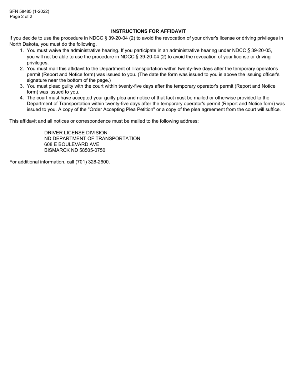 Form Sfn58485 Download Fillable Pdf Or Fill Online Affidavit To Cure A Refusal North Dakota 6866