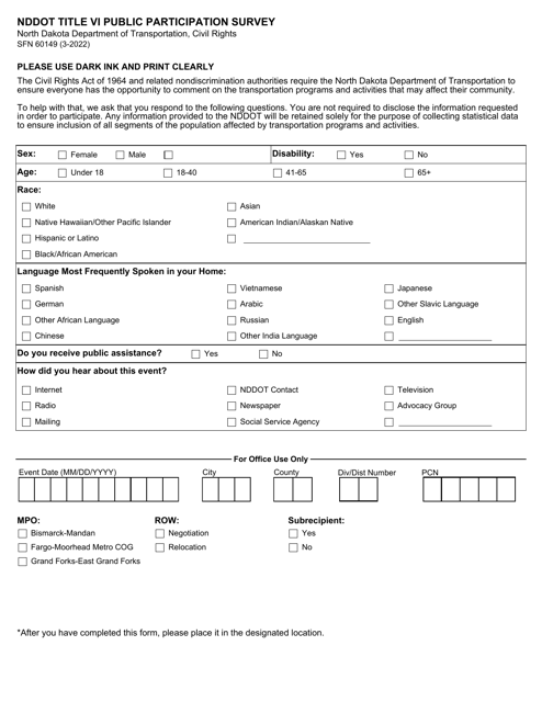 Form SFN60149 Nddot Title VI Public Participation Survey - North Dakota