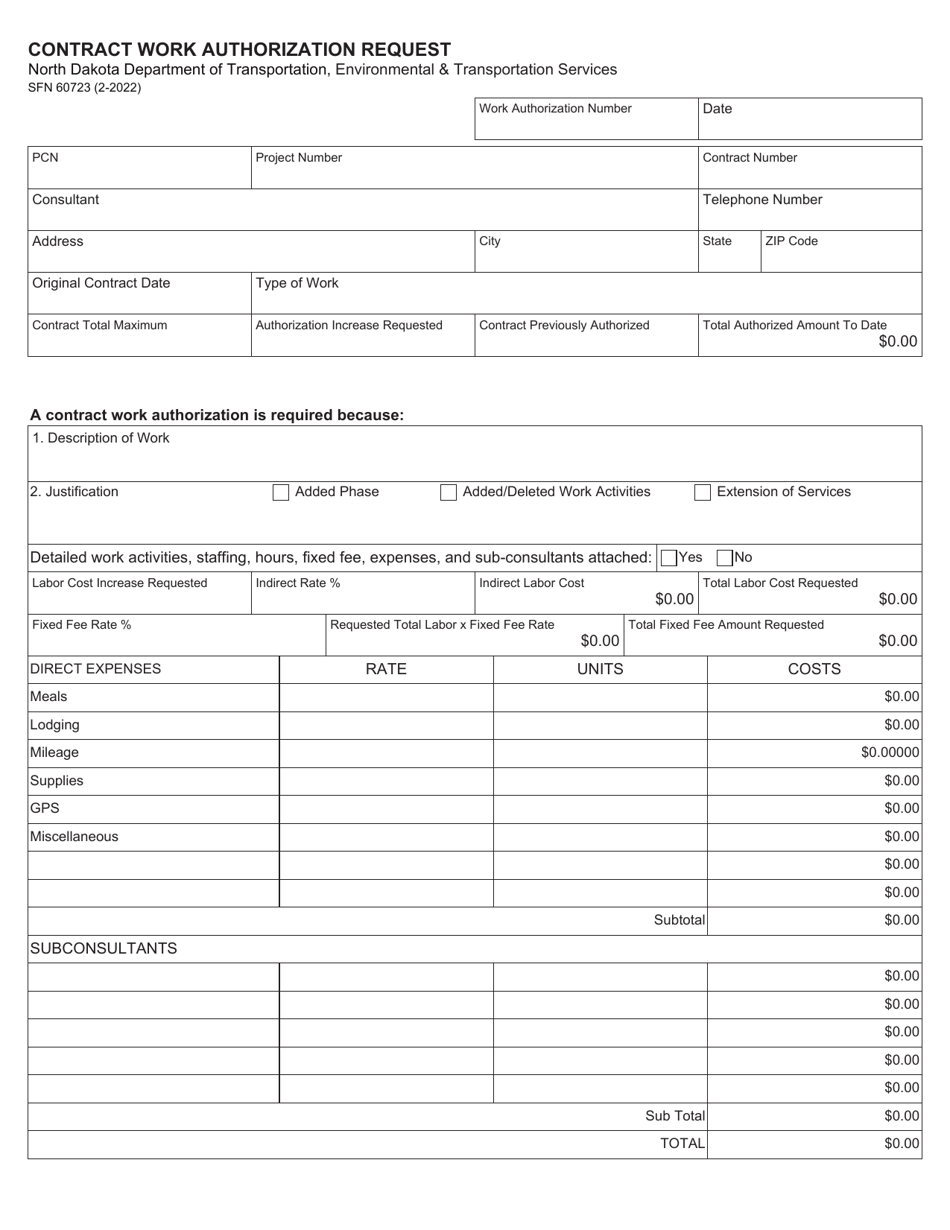 Form SFN60723 Download Fillable PDF or Fill Online Contract Work ...