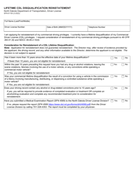 Form SFN61105 Lifetime Cdl Disqualification Reinstatement - North Dakota