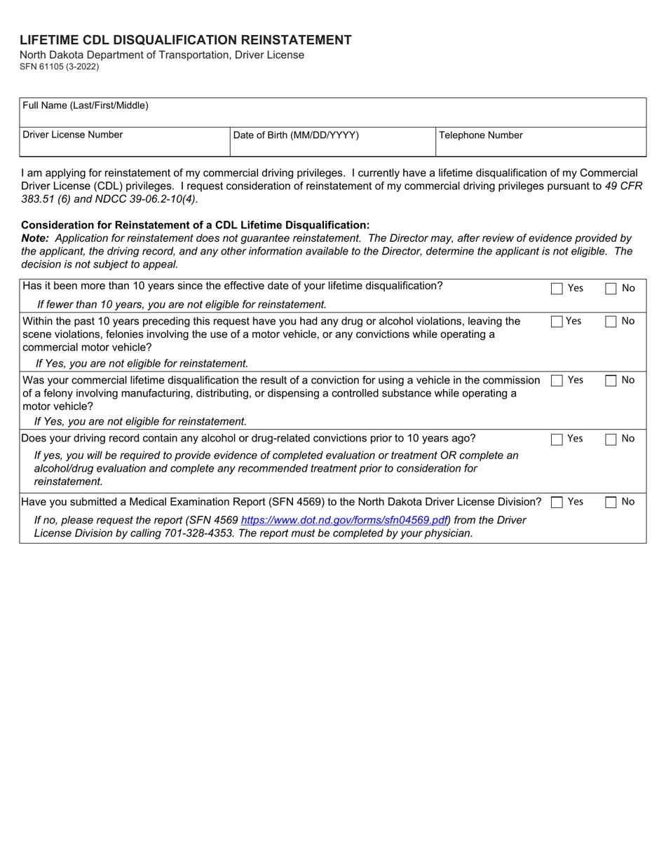 Form SFN61105 Lifetime Cdl Disqualification Reinstatement - North Dakota, Page 1