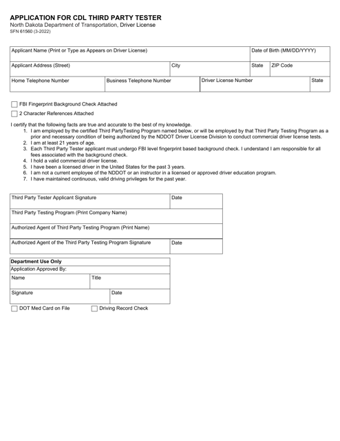 Form SFN61560 Application for Cdl Third Party Tester - North Dakota