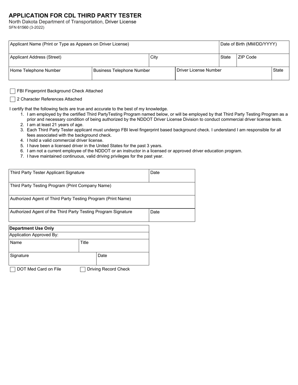 Form SFN61560 Application for Cdl Third Party Tester - North Dakota, Page 1
