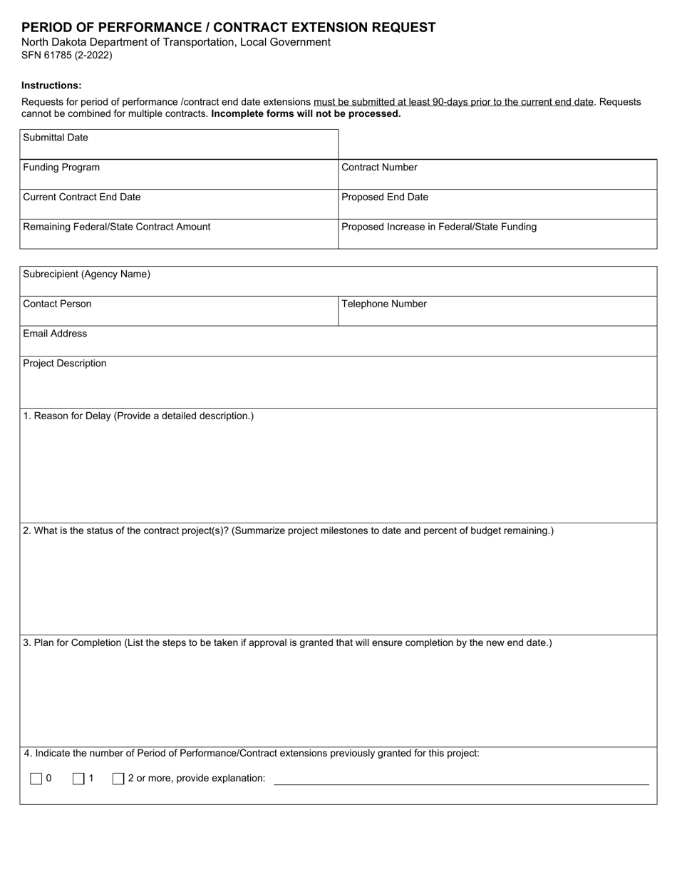 Form SFN61785 Period of Performance / Contract Extension Request - North Dakota, Page 1