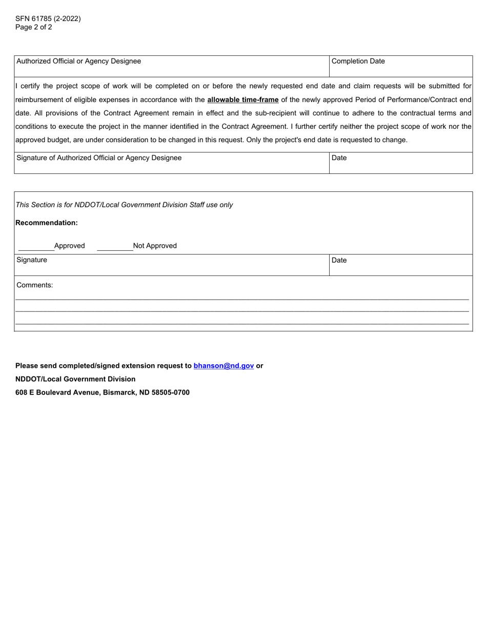 Form SFN61785 Period of Performance / Contract Extension Request - North Dakota, Page 2