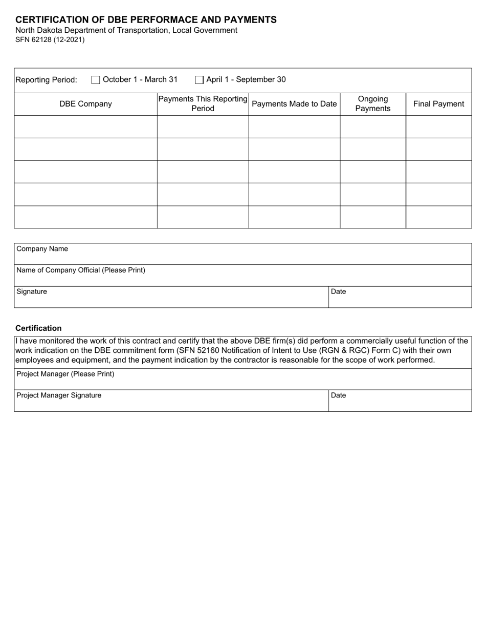 Form SFN62128 Certification of Dbe Performace and Payments - North Dakota, Page 1