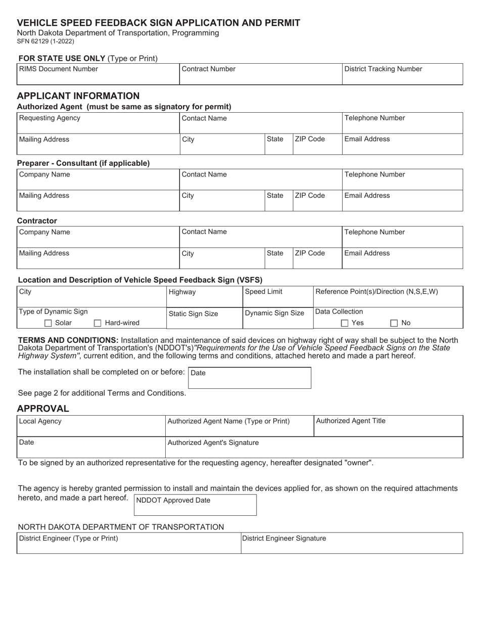 Form SFN62129 Vehicle Speed Feedback Sign Application and Permit - North Dakota, Page 1
