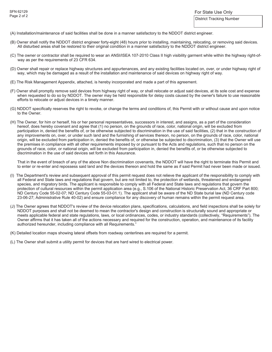 Form SFN62129 Vehicle Speed Feedback Sign Application and Permit - North Dakota, Page 2