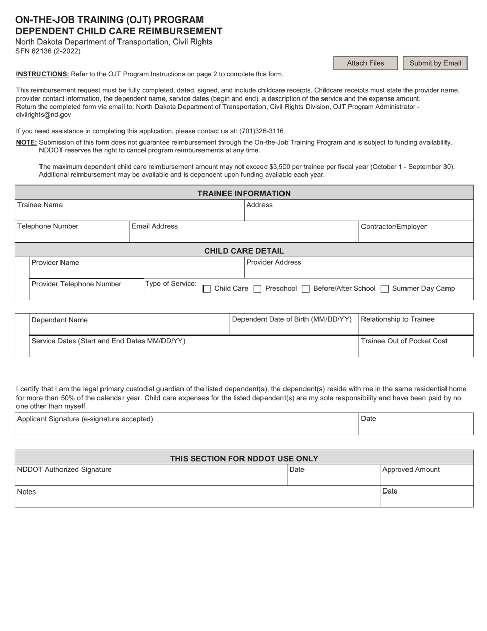 Form SFN62136 Dependent Child Care Reimbursement - on-The-Job Training (Ojt) Program - North Dakota, Page 1