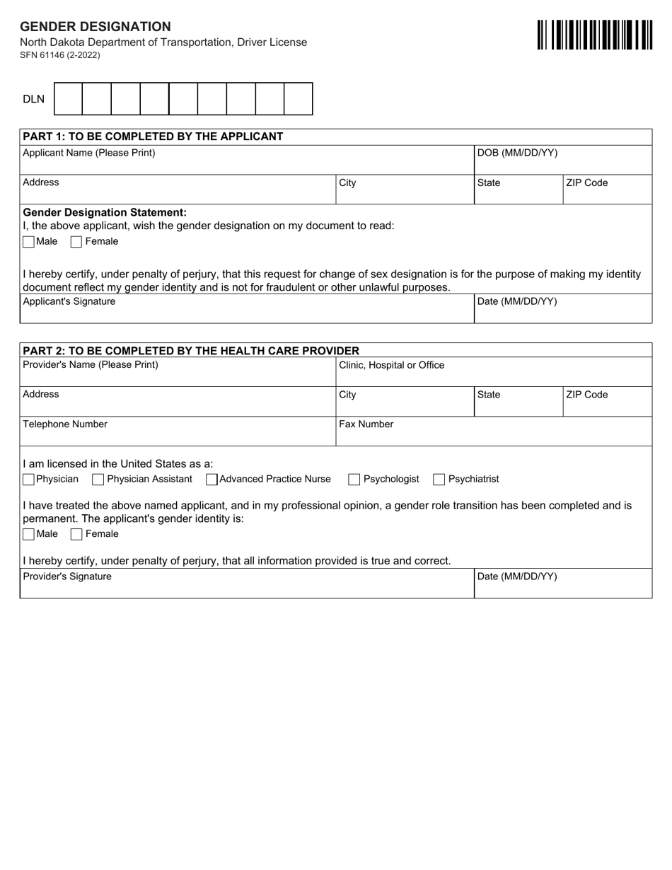 Form SFN61146 Gender Designation - North Dakota, Page 1