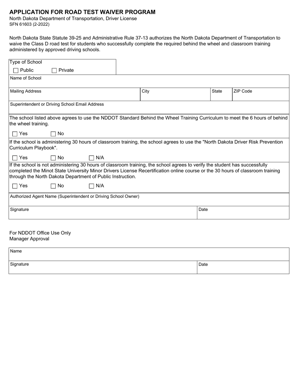 Form SFN61603 Download Fillable PDF or Fill Online Application for Road