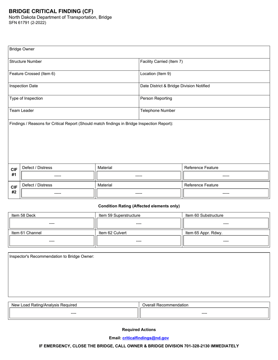 Form SFN61791 Bridge Critical Finding (Cf) - North Dakota, Page 1