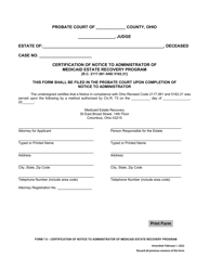 Form 7.0 Certification of Notice to Administrator of Medicaid Estate Recovery Program - Ohio