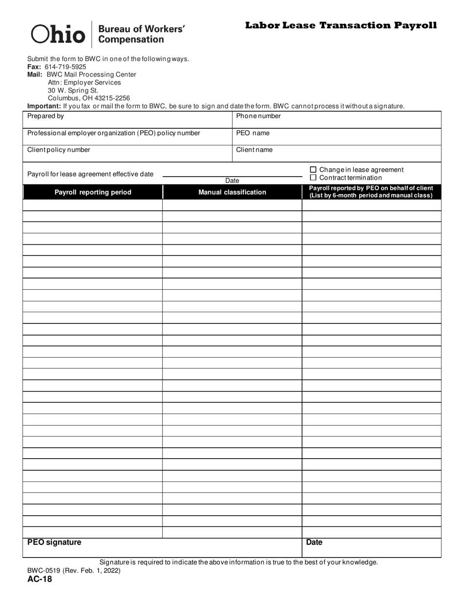 Form AC-18 (BWC-0519) Labor Lease Transaction Payroll - Ohio, Page 1