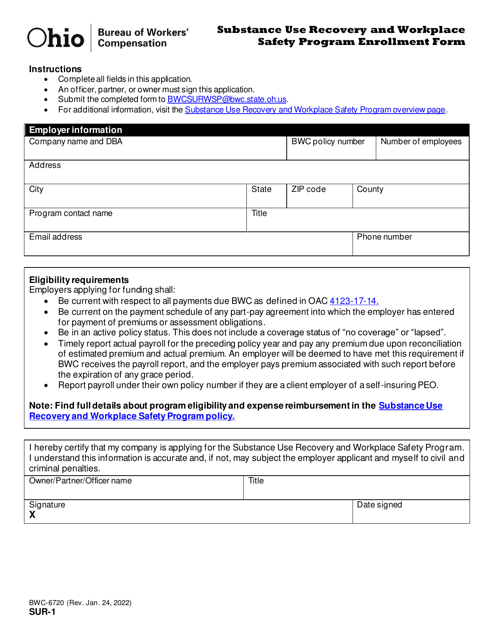 Form SUR-1 (BWC-6720) Substance Use Recovery and Workplace Safety Program Enrollment Form - Ohio