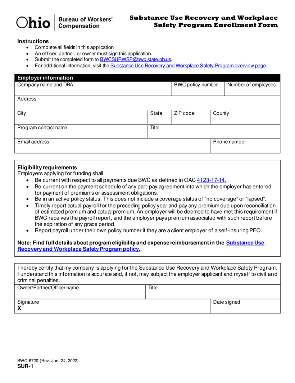 Form SUR-1 (BWC-6720) Substance Use Recovery and Workplace Safety Program Enrollment Form - Ohio, Page 1