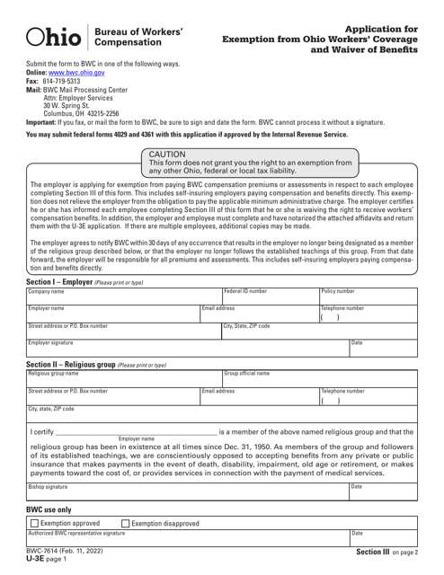 Form U-3E (BWC-7614) Application for Exemption From Ohio Workers' Coverage and Waiver of Benefits - Ohio