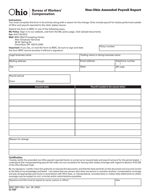 Form U-147 (BWC-7653) Non-ohio Amended Payroll Report - Ohio