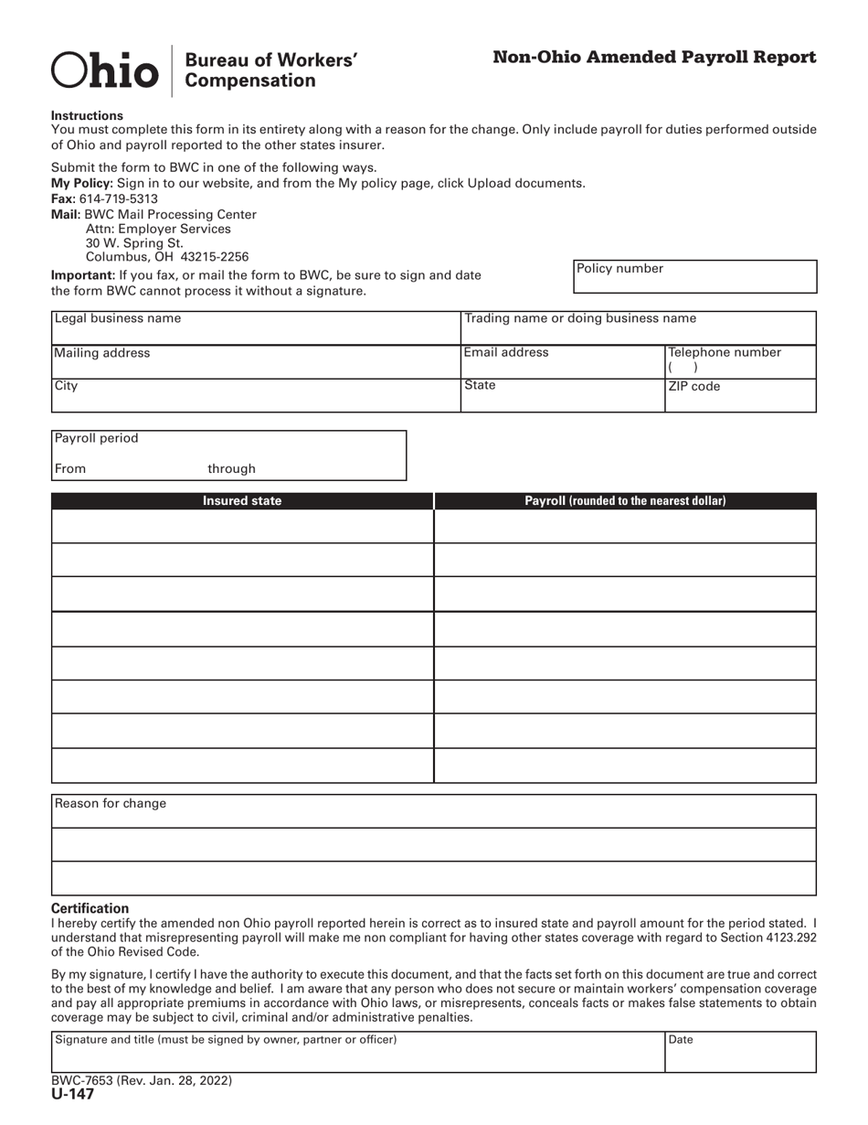 Form U-147 (BWC-7653) Non-ohio Amended Payroll Report - Ohio, Page 1