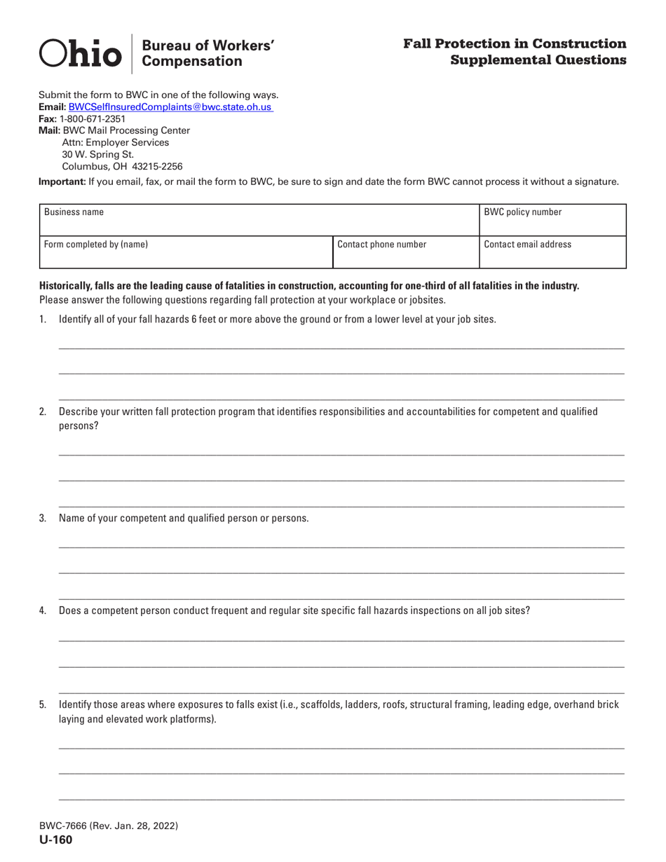 Form U-160 (BWC-7666) Fall Protection in Construction Supplemental Questions - Ohio, Page 1