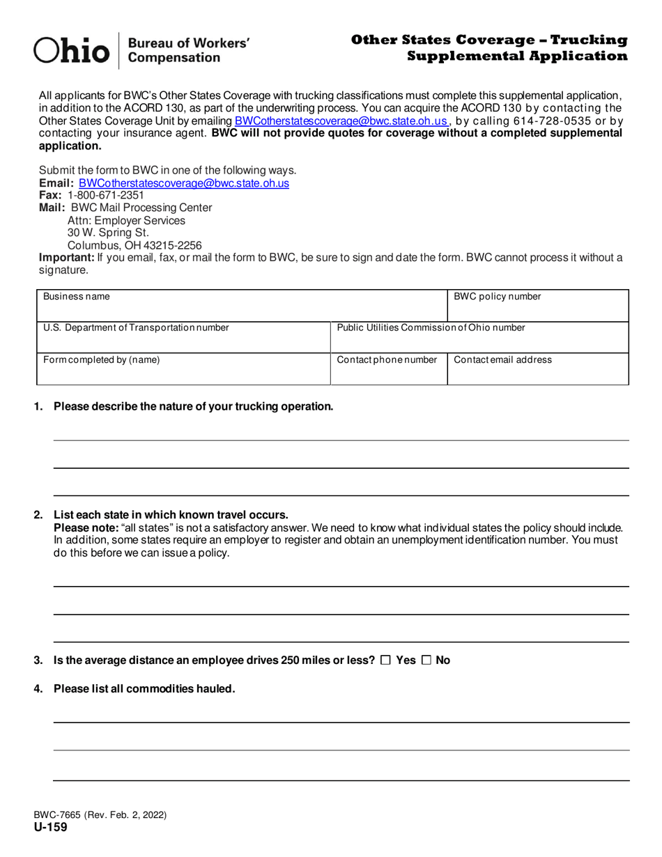 Form U-159 (BWC-7665) Other States Coverage - Trucking Supplemental Application - Ohio, Page 1