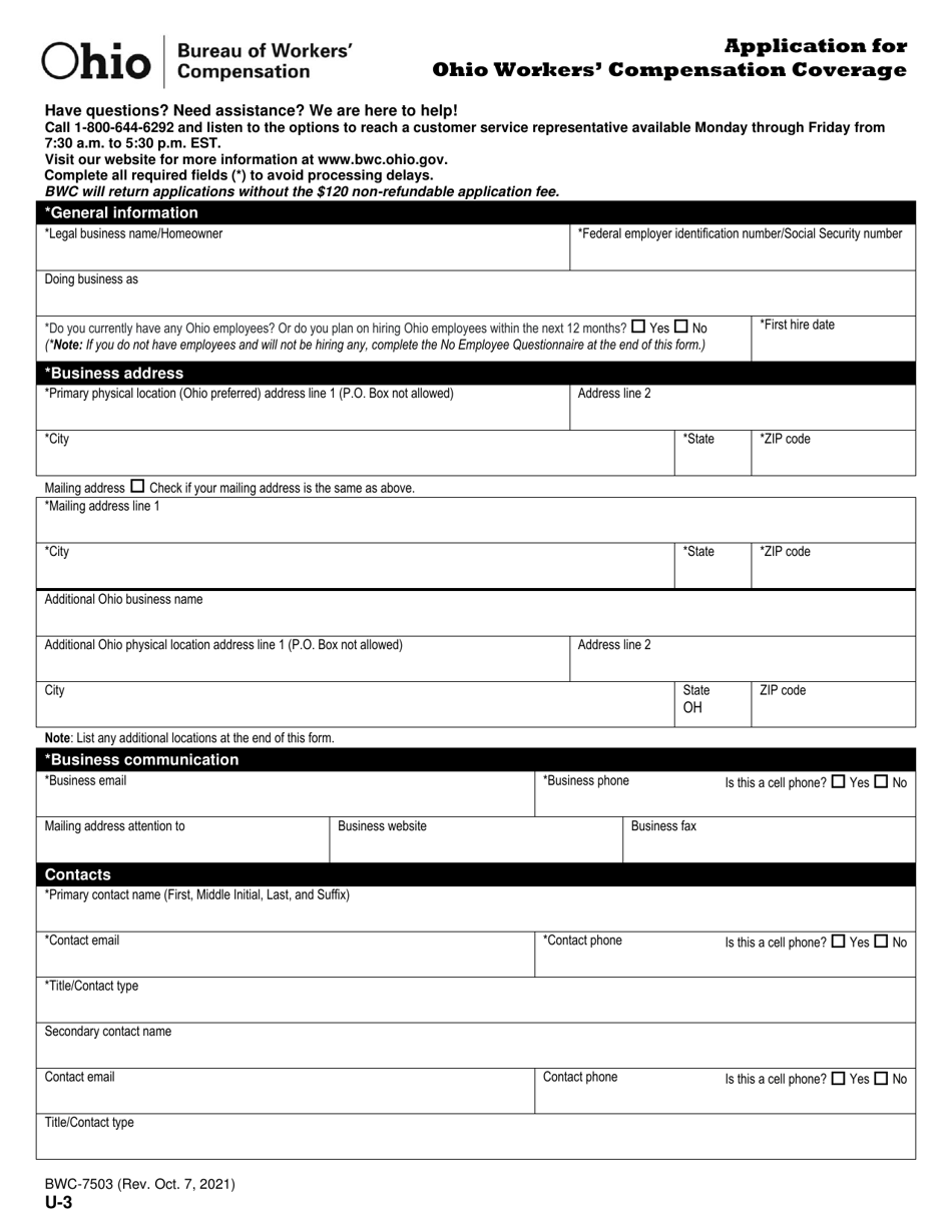 Form U-3 (BWC-7503) Application for Ohio Workers Compensation Coverage - Ohio, Page 5