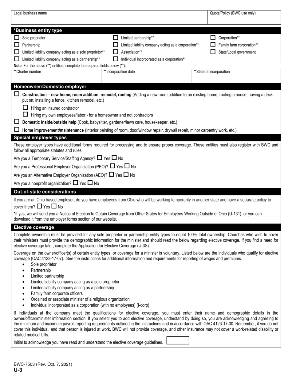 Form U-3 (BWC-7503) Application for Ohio Workers Compensation Coverage - Ohio, Page 6