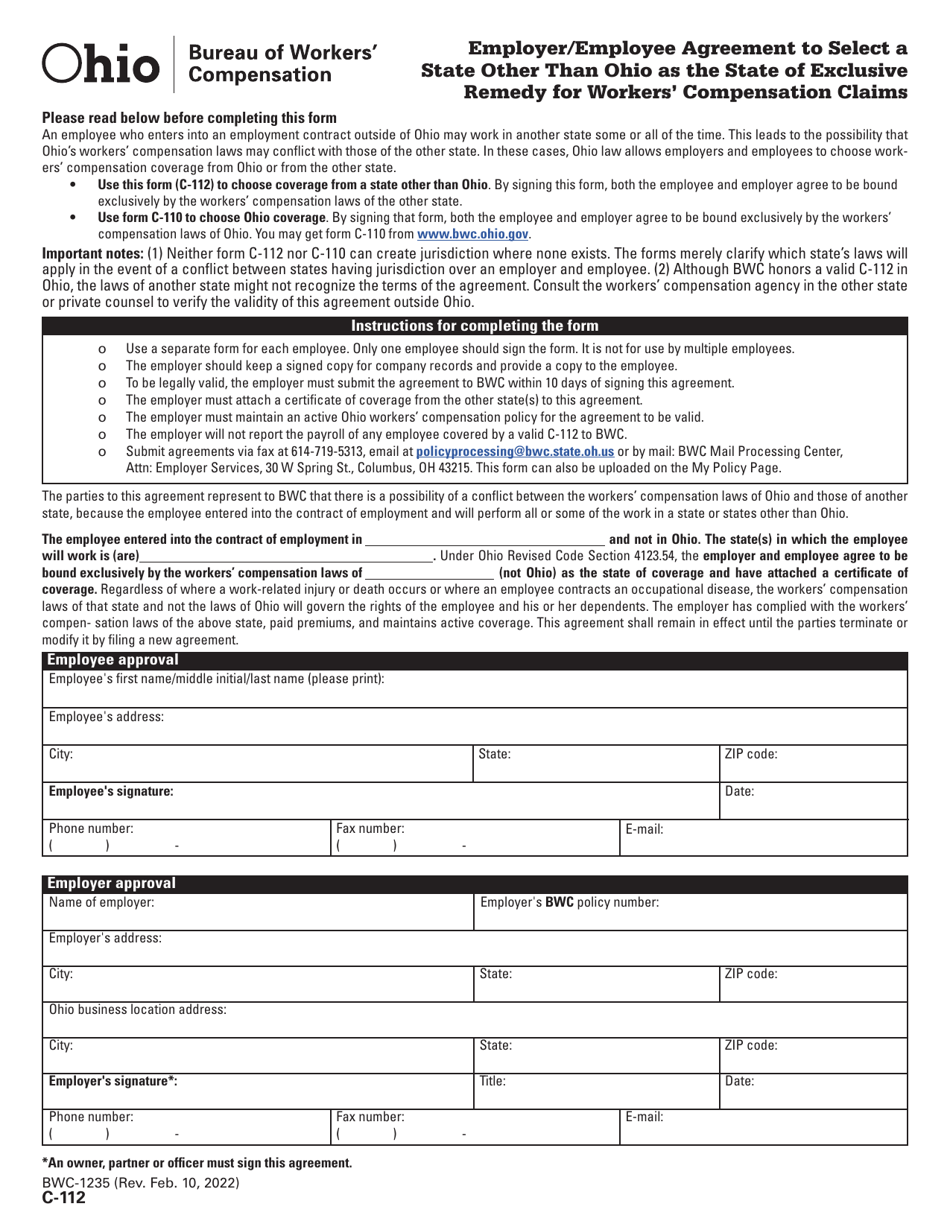 Form C-112 (BWC-1235) Employer/Employee Agreement to Select a State Other Than Ohio as the State of Exclusive Remedy for Workers Compensation Claims - Ohio, Page 1