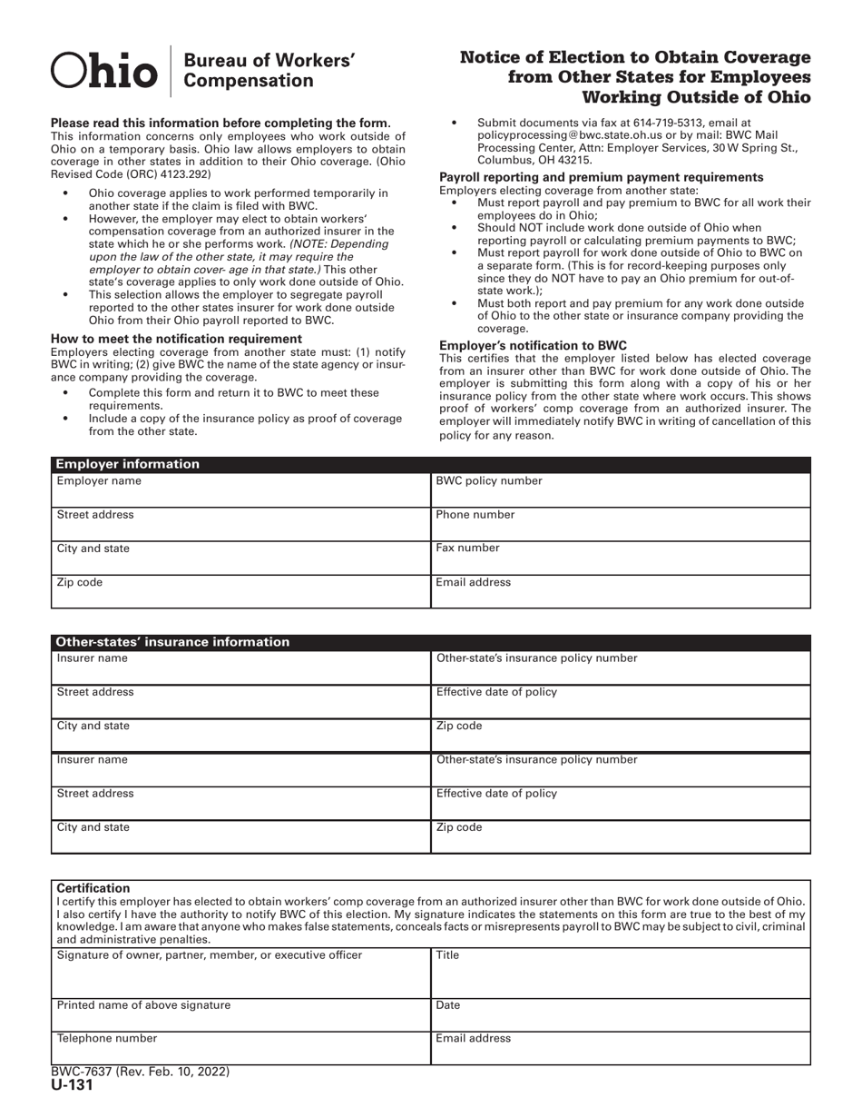 Form U-131 (BWC-7637) Notice of Election to Obtain Coverage From Other States for Employees Working Outside of Ohio - Ohio, Page 1